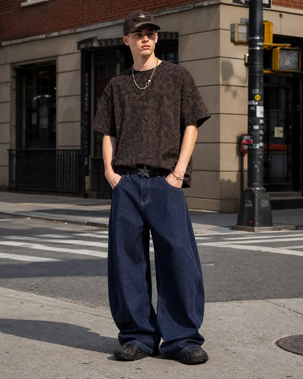 Raw washed barrel jeans by INFLATION Streetwear, showing relaxed fit denim pants with distressed details and rolled hems.