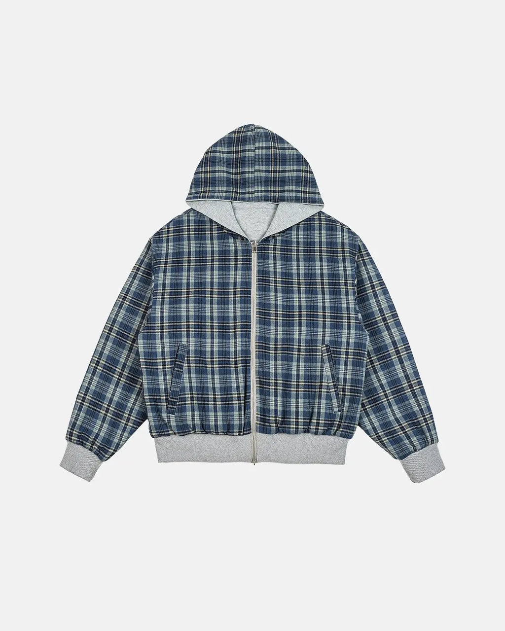 Reversible plaid cropped hoodie by INFLATION Streetwear featuring a stylish dual-pattern design and a comfortable fit.