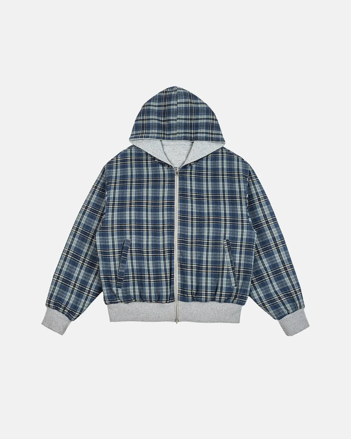 Reversible plaid cropped hoodie by INFLATION Streetwear featuring a stylish dual-pattern design and a comfortable fit.