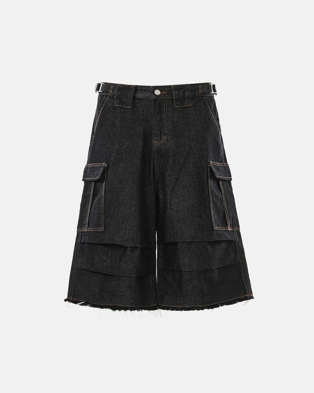 Inflation Streetwear layered utility baggy jorts pants with multiple pockets, relaxed fit, and distressed denim style.