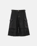 Inflation Streetwear layered utility baggy jorts pants with multiple pockets, relaxed fit, and distressed denim style.