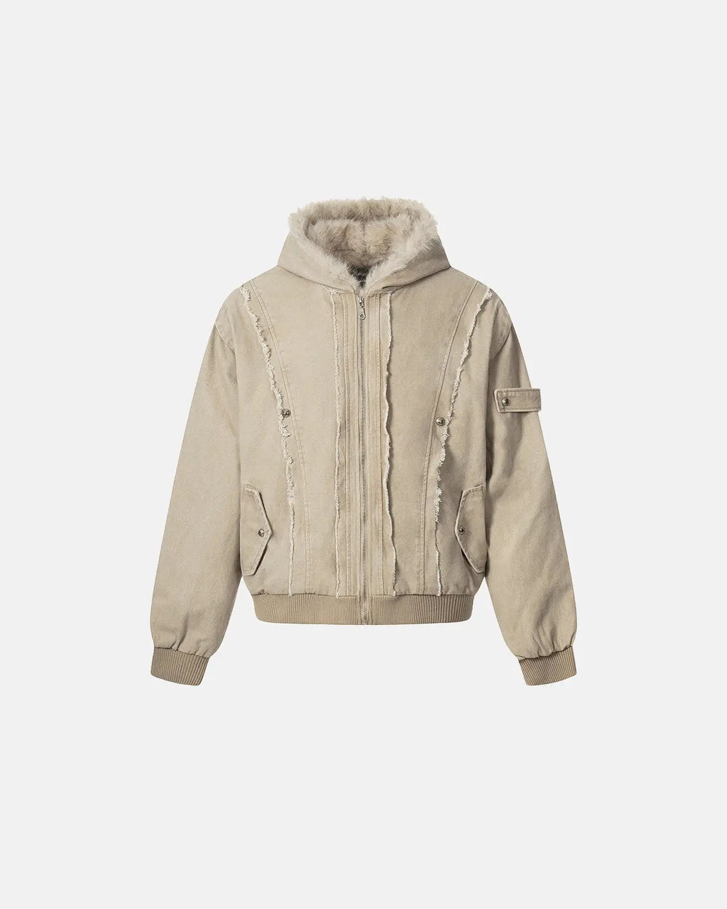 Inflation streetwear faux fur lined washed hooded jacket with front pockets and adjustable drawstrings, casual winter outerwear.
