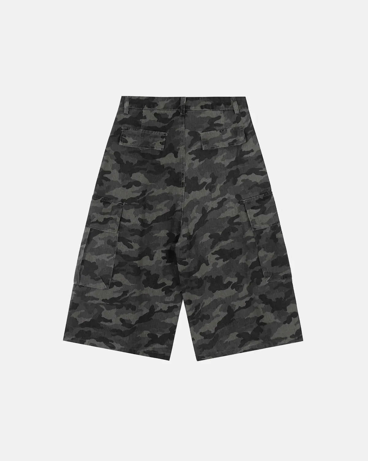 Embroidered camo cargo shorts by INFLATION, featuring military-style camouflage pattern and multiple pockets for a streetwear look.