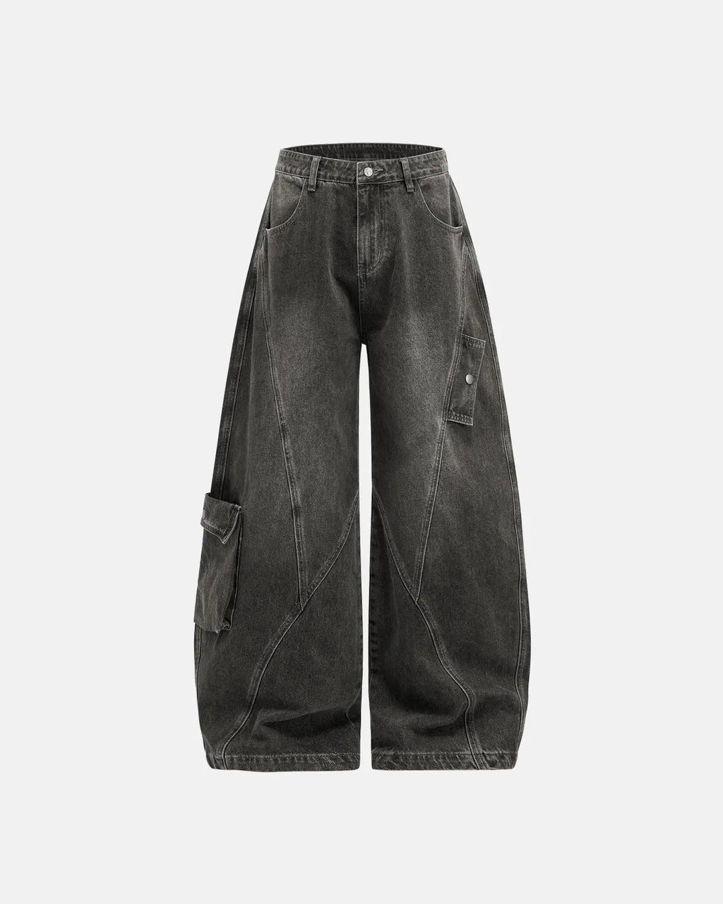 Distressed washed cargo barrel jeans by INFLATION featuring a relaxed fit, multiple pockets, and a trendy streetwear style.