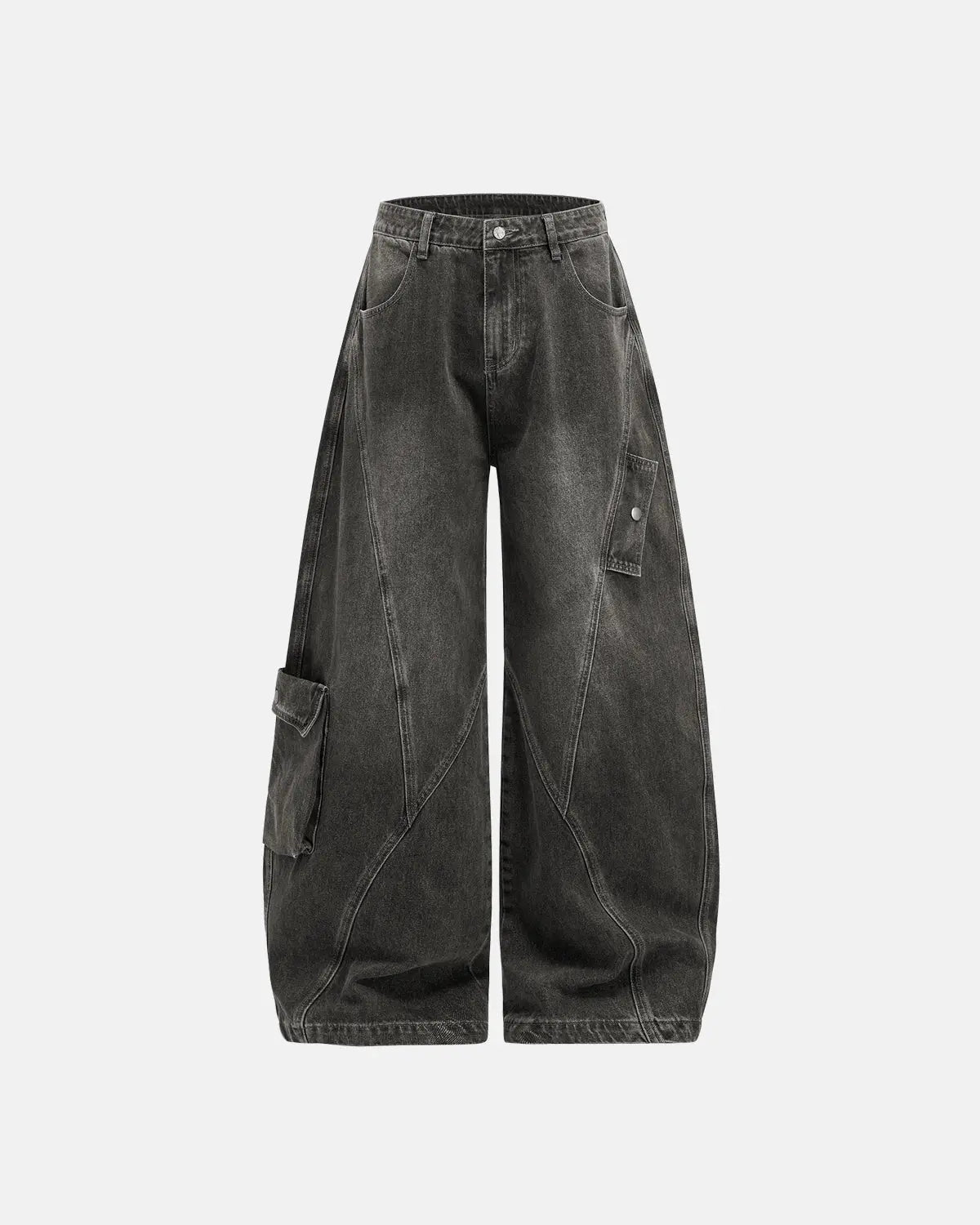 Distressed washed cargo barrel jeans by INFLATION featuring a relaxed fit, multiple pockets, and a trendy streetwear style.