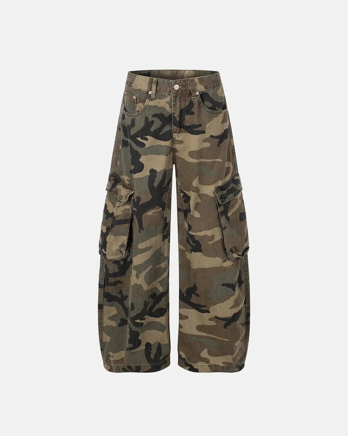 Camo cargo barrel pants by INFLATION featuring a relaxed fit, multiple pockets, and camouflage pattern for streetwear style.