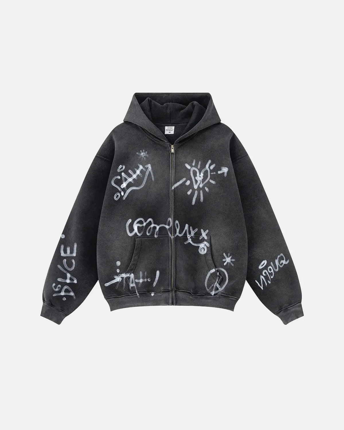 Inflation graffiti washed zip-up hoodie featuring bold graffiti designs on soft, washed fabric with a front zipper and hood.