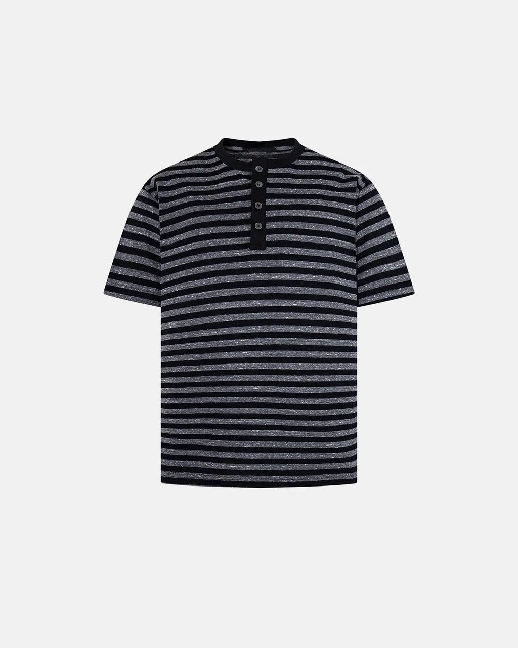 Inflation Streetwear striped Henley relaxed fit T-shirt with long sleeves and button neckline, casual style, front view.