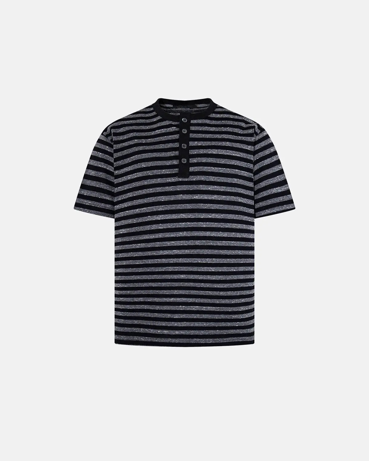 Inflation Streetwear striped Henley relaxed fit T-shirt with long sleeves and button neckline, casual style, front view.