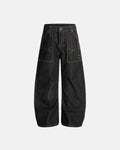 Raw embroidery baggy jeans by INFLATION, featuring loose fit and detailed embroidery, styled with casual streetwear look.
