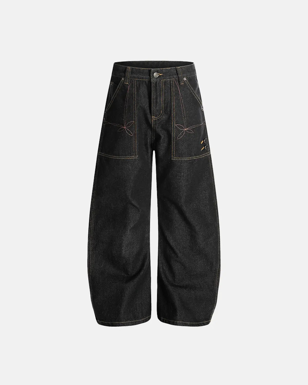 Raw embroidery baggy jeans by INFLATION, featuring loose fit and detailed embroidery, styled with casual streetwear look.
