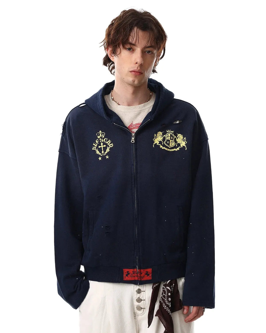 Distressed washed printed zip-up hoodie from Inflation Streetwear, featuring a casual fit and graphic design on the front.