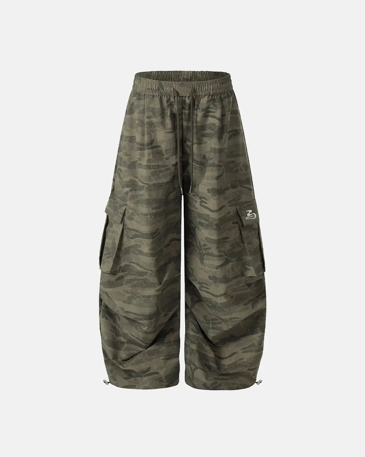 Camouflage cargo barrel pants by INFLATION featuring multiple pockets and a relaxed fit, designed for streetwear style.