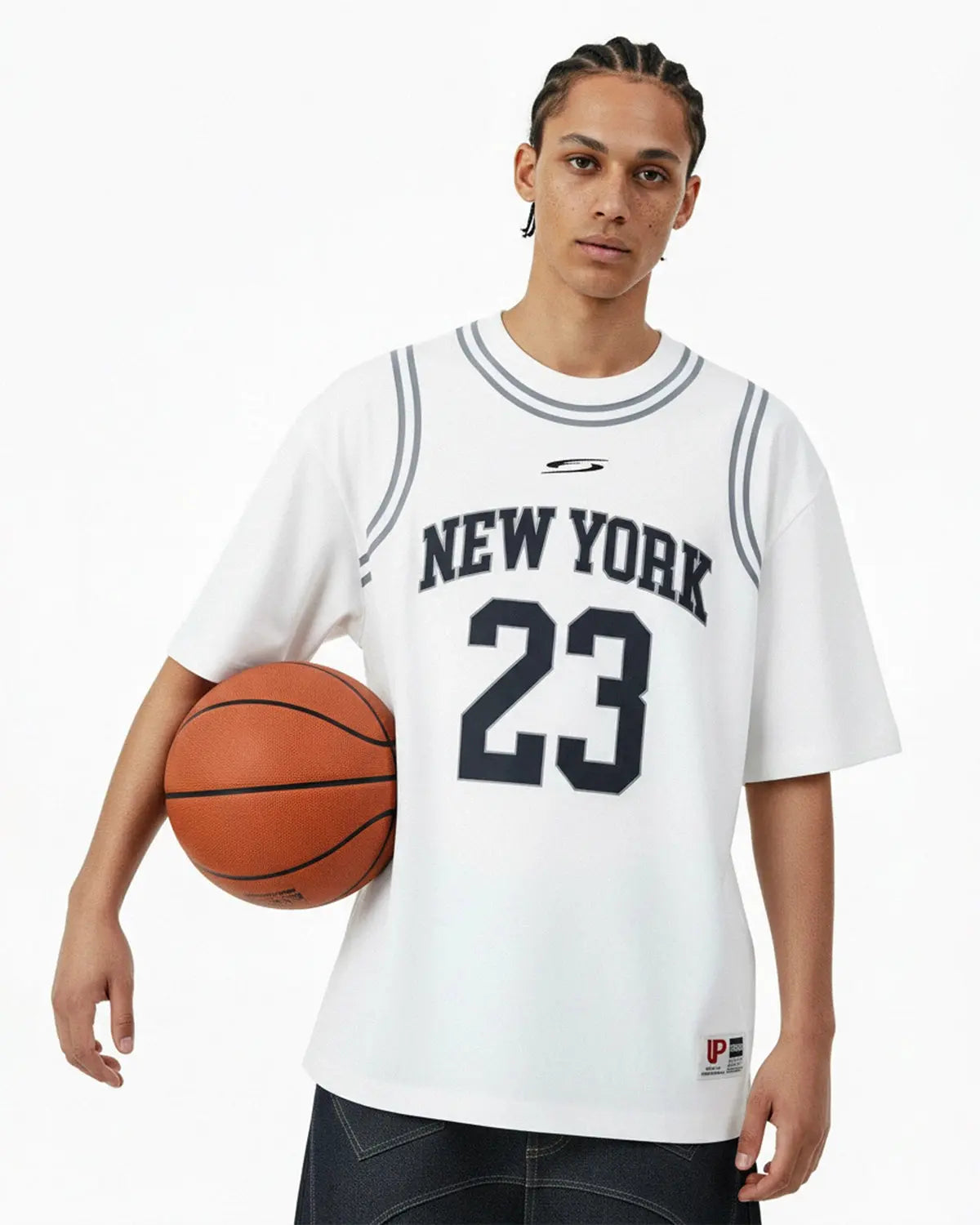 Inflation Streetwear Mock Neck 23 New York Jersey shown in black with logo details and ribbed collar, close-up view of the stylish design.