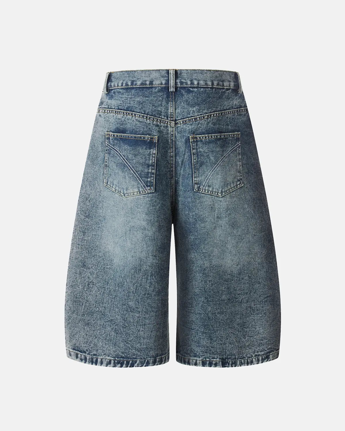 Inflation brand studded washed long baggy jorts pants with distressed denim and metal stud details, relaxed fit, casual streetwear style.
