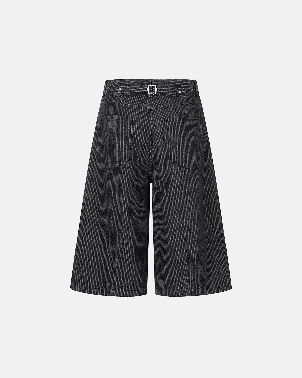 Inflation Streetwear striped button fly baggy jorts pants with a relaxed fit and bold striped pattern, casual streetwear style.