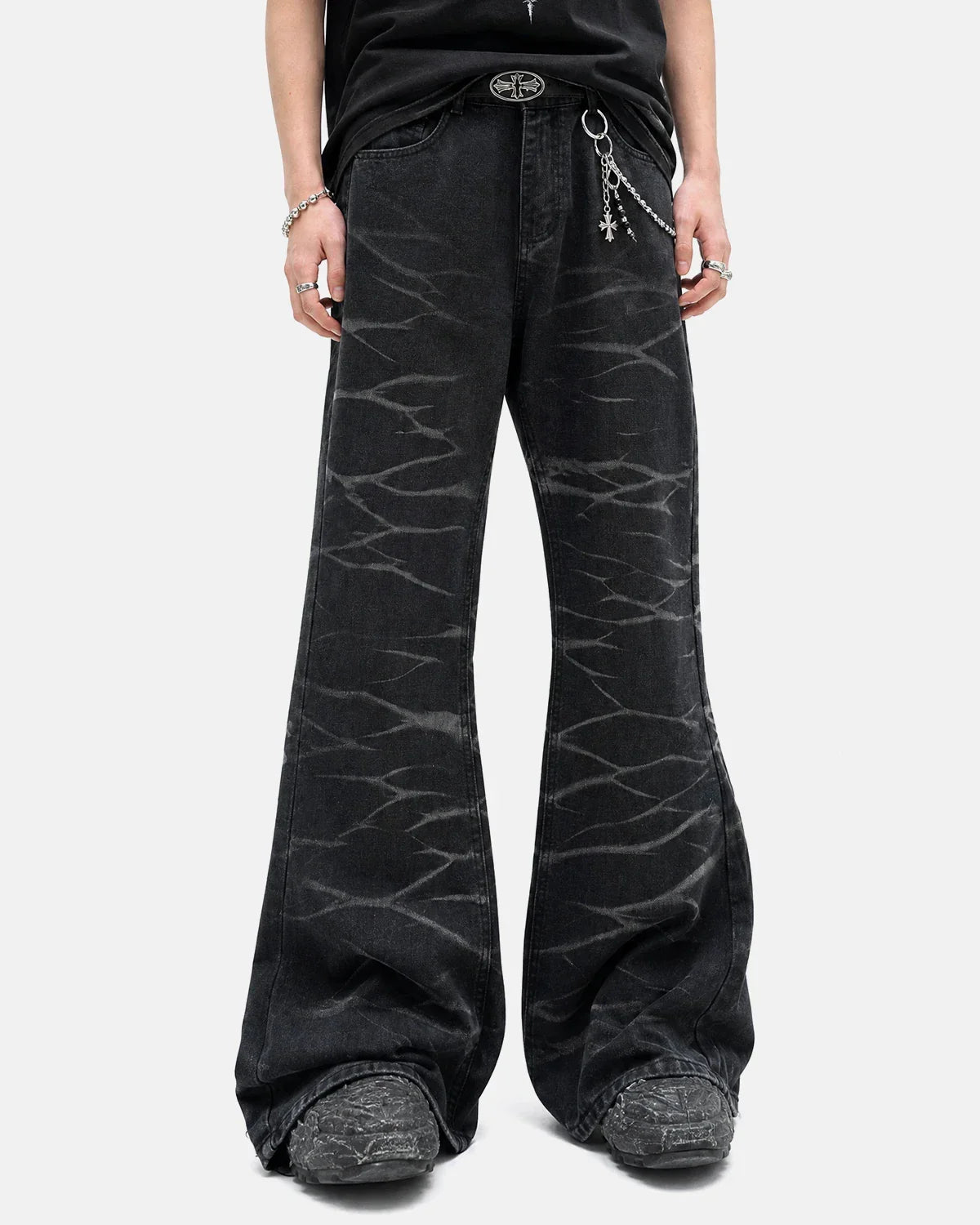Black Whisker Wash Bootcut Jeans by INFLATION Streetwear featuring a classic bootcut fit and whisker wash detailing.