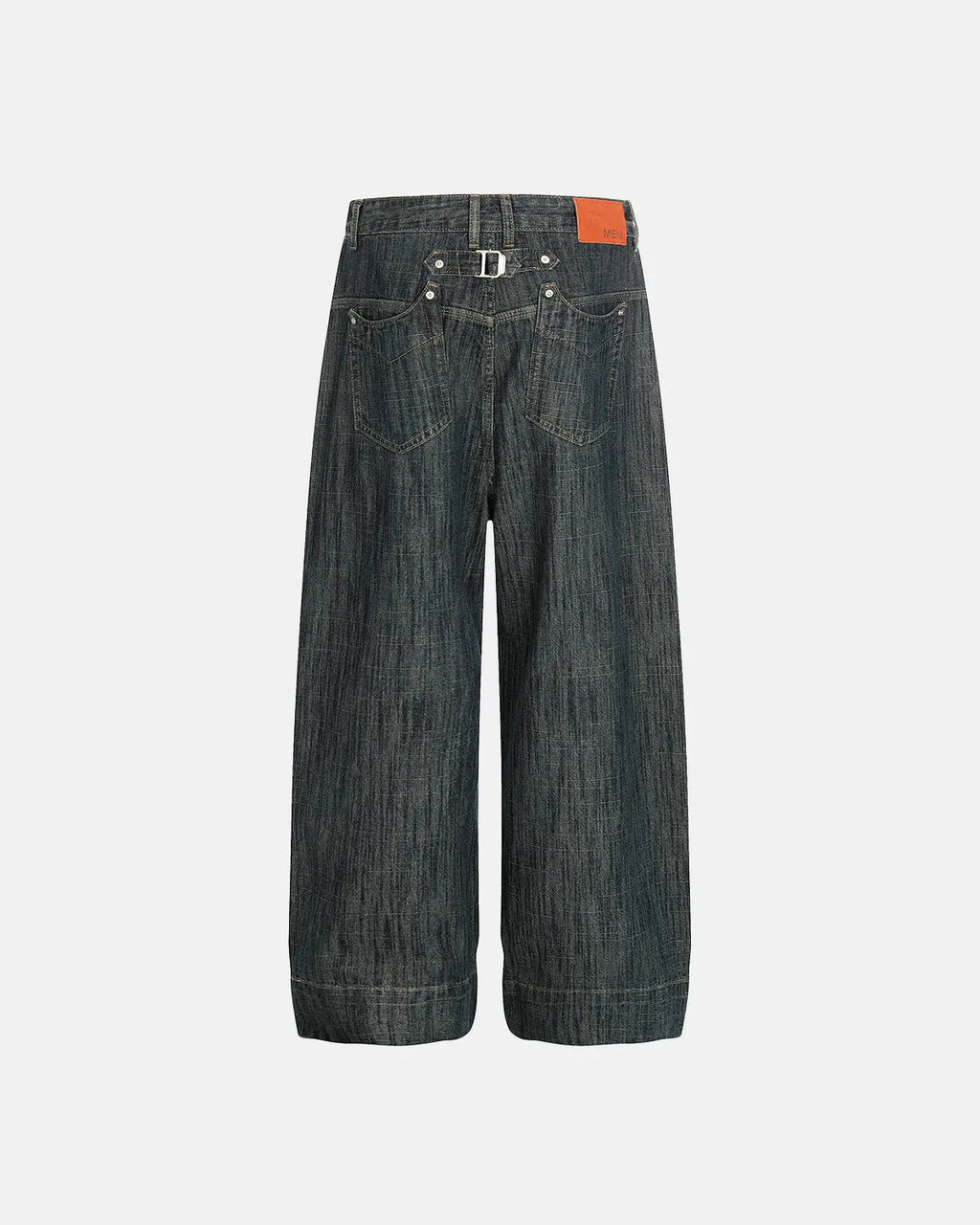 Inflation streetwear cinch back bamboo weave jeans, showing the pants' textured fabric and relaxed fit in natural lighting.