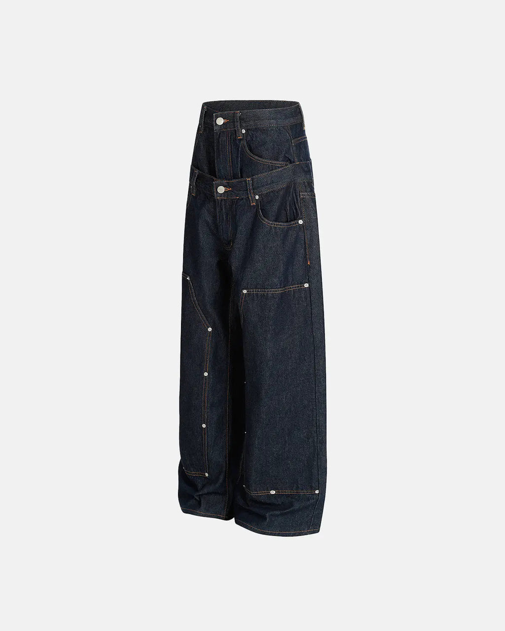 Inflation Streetwear double waist raw baggy jeans with a relaxed fit and distressed detailing, styled for casual streetwear looks.