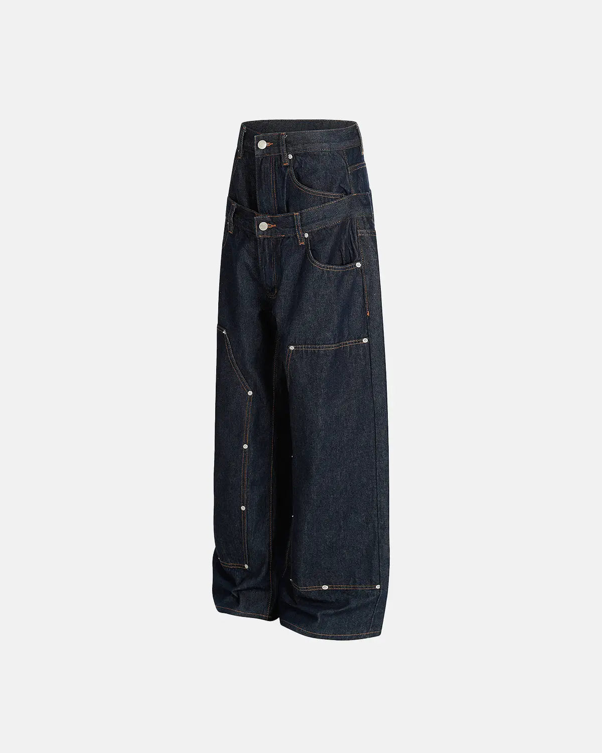 Inflation Streetwear double waist raw baggy jeans with a relaxed fit and distressed detailing, styled for casual streetwear looks.