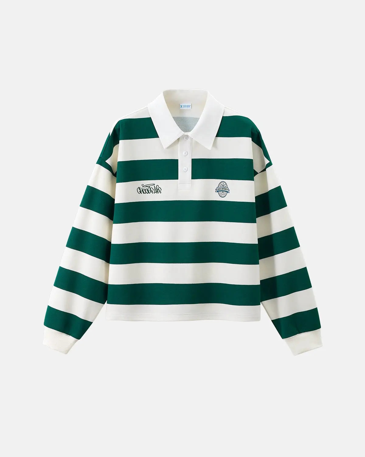Green rugby polo shirt by INFLATION, casual t-shirt with a classic collar and short sleeves, displayed on a neutral background.