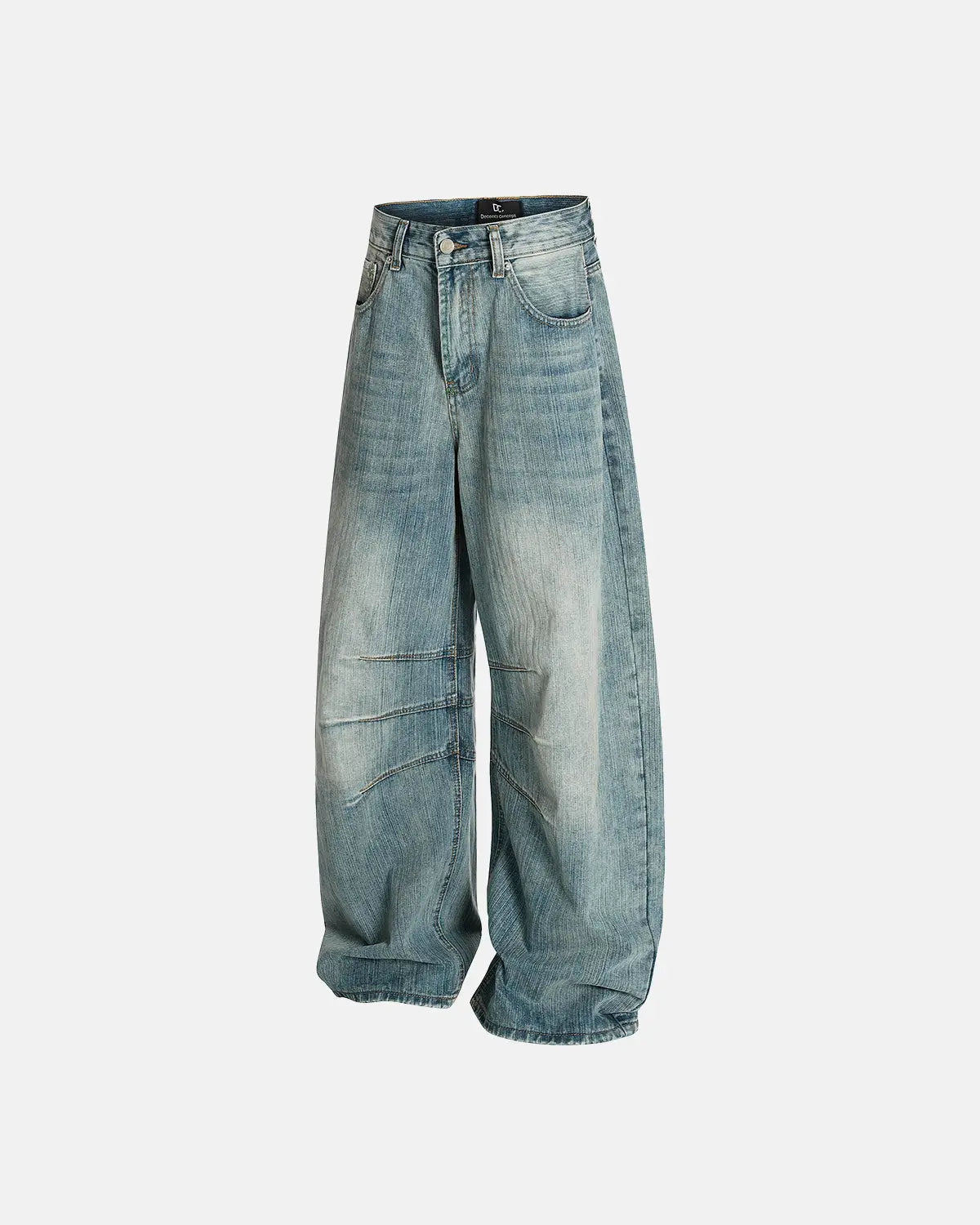 Deconstructed bamboo weave baggy jeans by INFLATION featuring relaxed fit, distressed details, and unique woven texture.