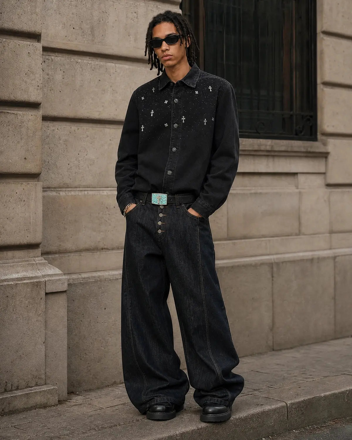 Inflation Starry Cross Rhinestone washed denim shirt featuring a cross design, casual streetwear style, and detailed rhinestone embellishments.