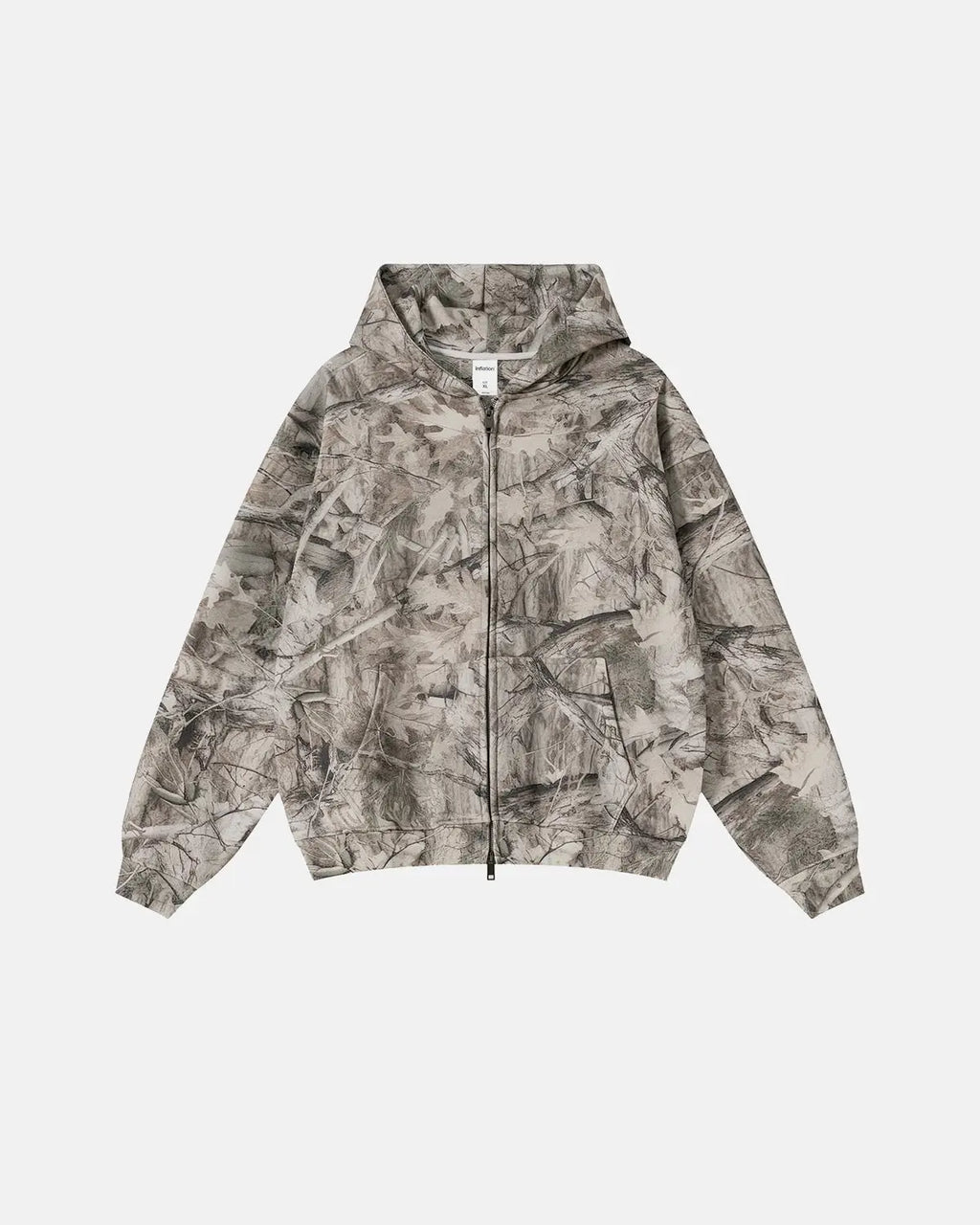 Inflation Streetwear Realtree camo zip-up hoodie with front pockets and hood, showcasing a stylish outdoor camouflage design.