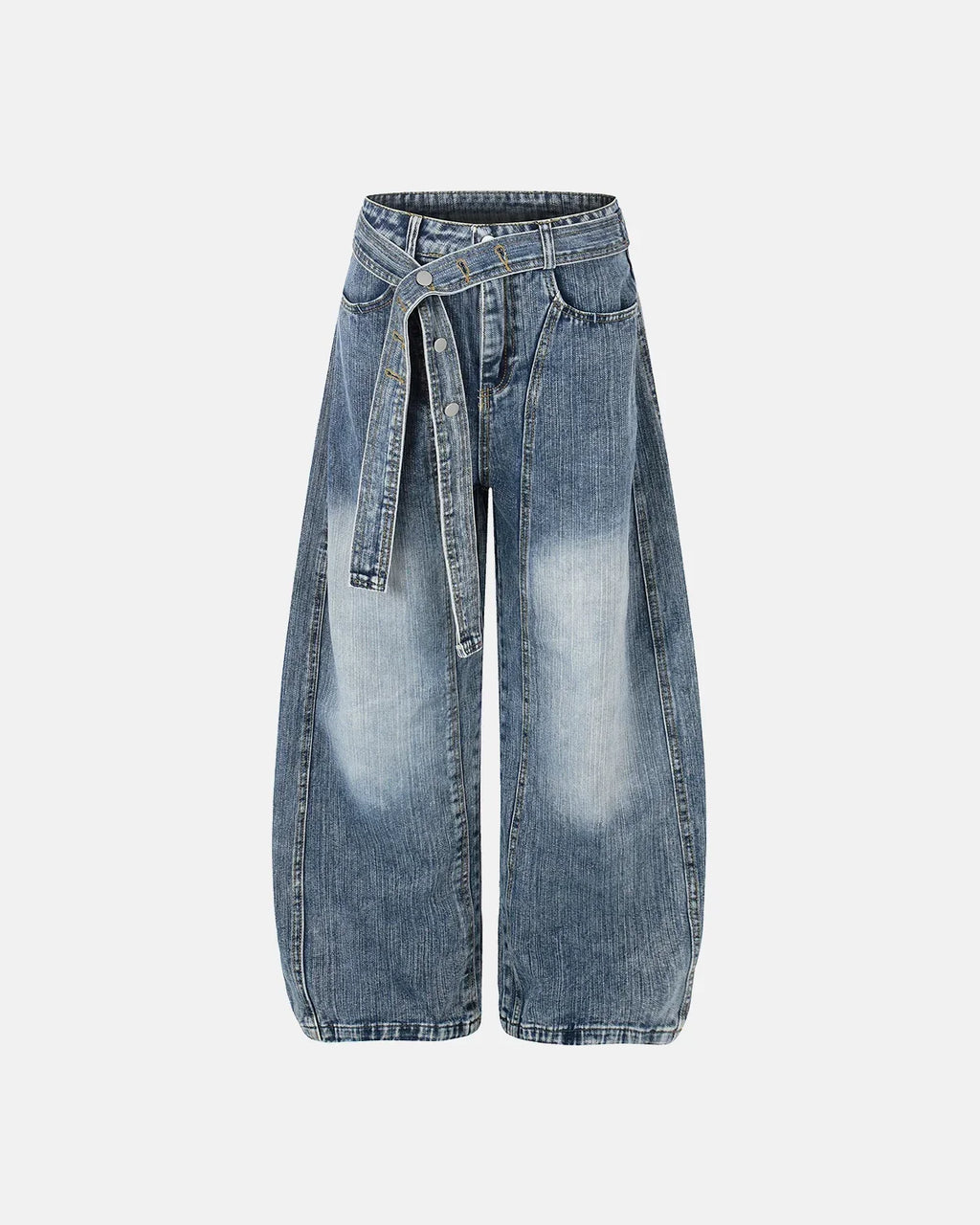 Inflation Streetwear belted bamboo weave barrel jeans showing high-waisted fit and unique woven fabric texture.