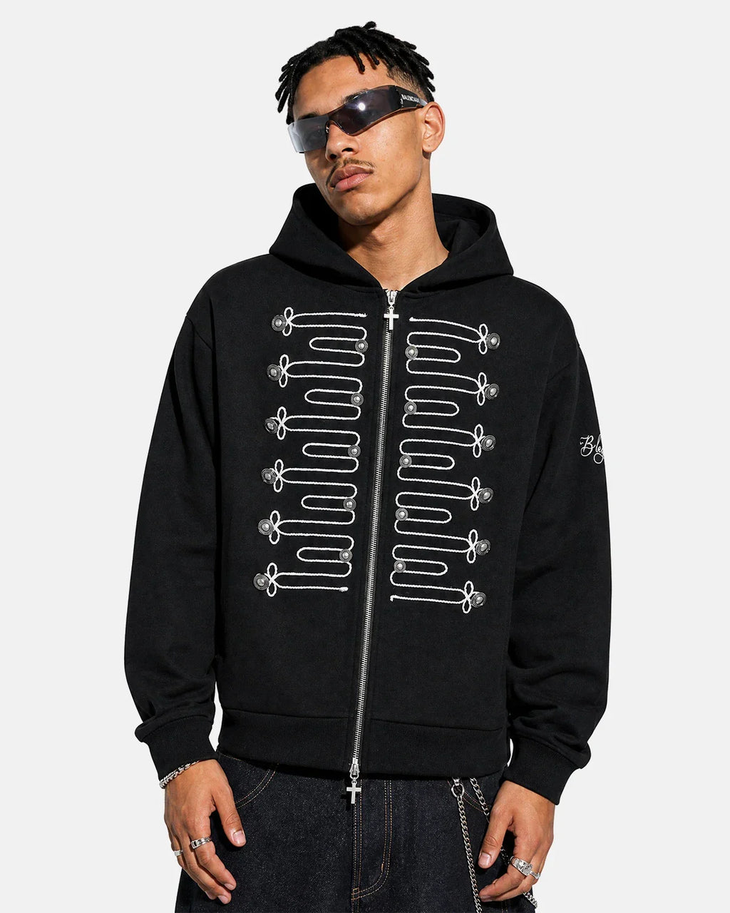 Inflation Streetwear braided embroidery boxy zip-up hoodie, casual fit, featuring detailed embroidery and a front zipper.