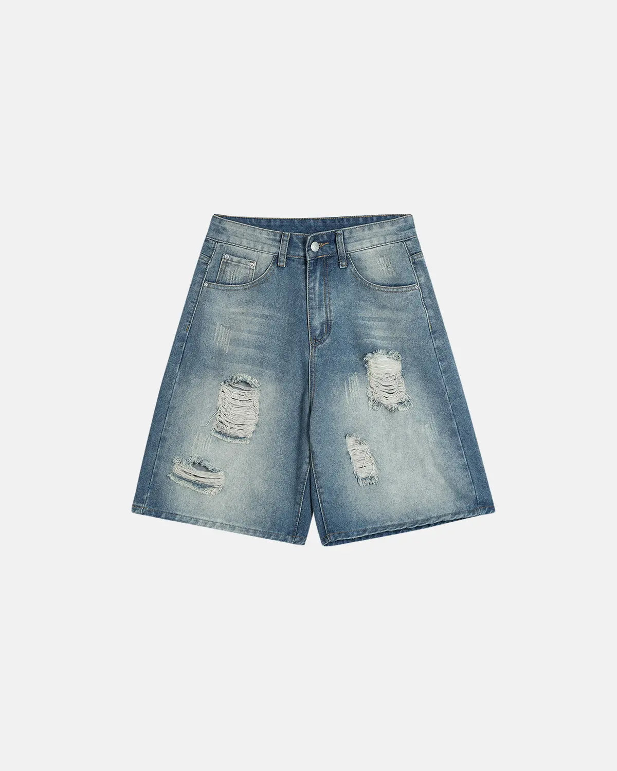Distressed washed knee-length jorts from Inflation Streetwear, casual denim pants with frayed hems and a relaxed fit.