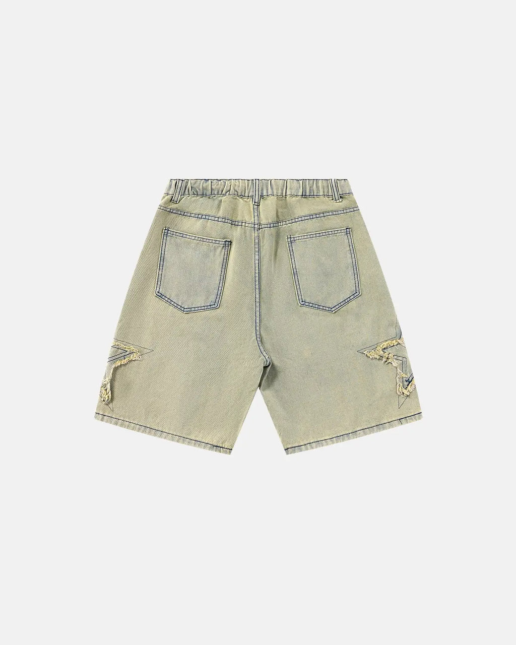 Distressed baggy jorts with star patches from Inflation Streetwear, featuring a relaxed fit and frayed denim details.