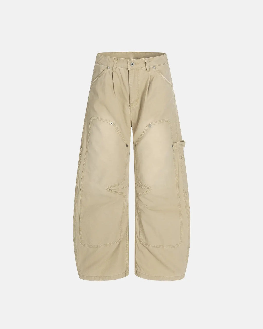 Washed barrel cargo pants by INFLATION, streetwear style with multiple pockets and relaxed fit, shown in a casual urban setting.