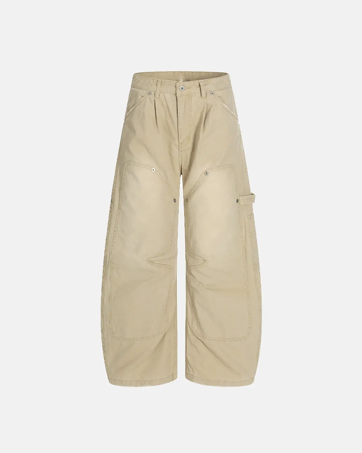 Washed barrel cargo pants by INFLATION, streetwear style with multiple pockets and relaxed fit, shown in a casual urban setting.