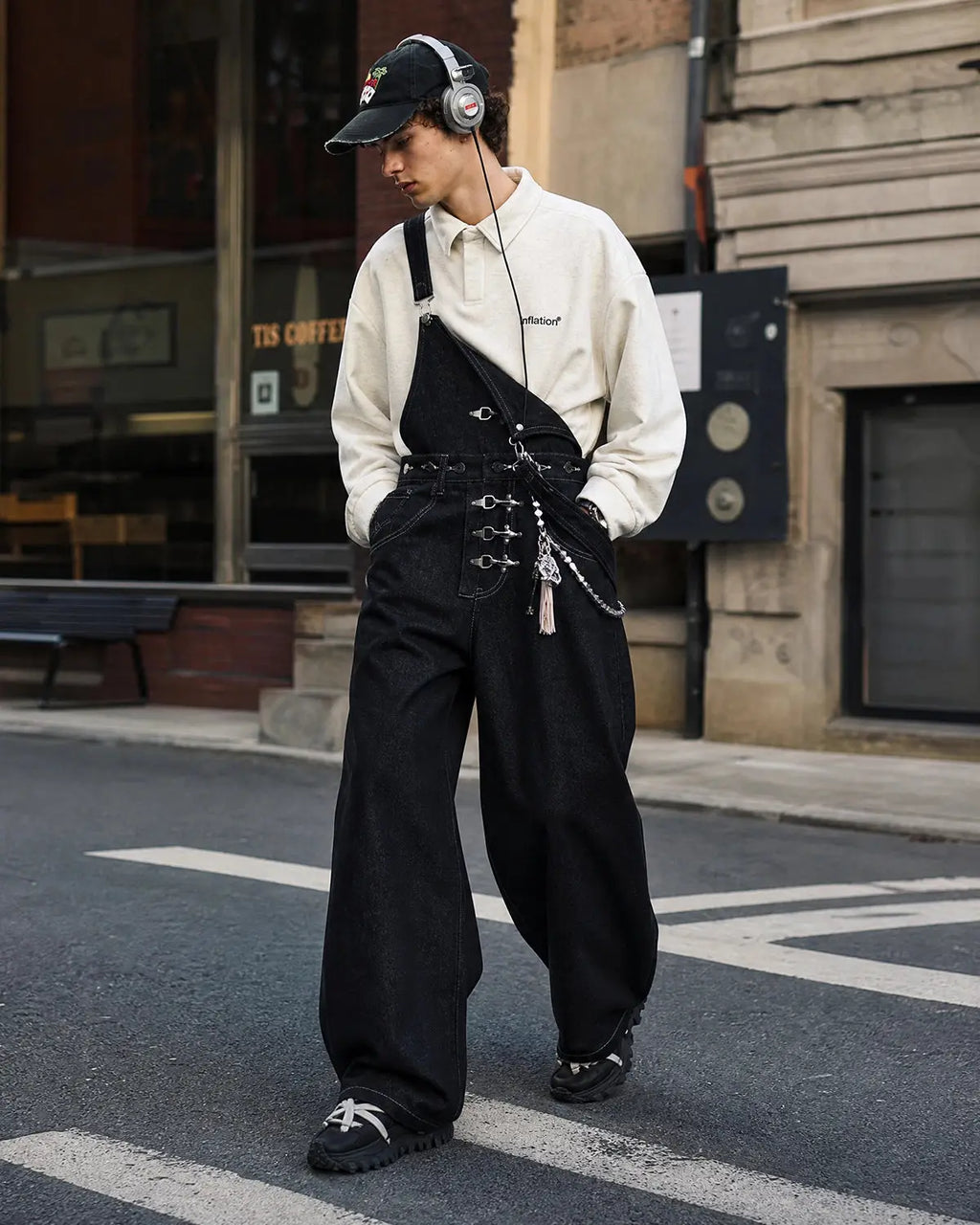 Inflation Streetwear Brand Quarter Polo Sweatshirt, gray color, with a relaxed fit and ribbed cuffs, displayed on a hanger.