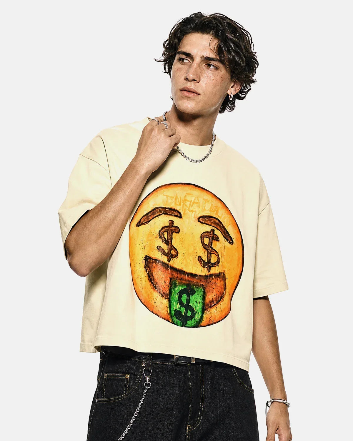 Boxy Smile Graphic T-Shirt by INFLATION featuring a bold smiley face design on a comfortable streetwear tee.