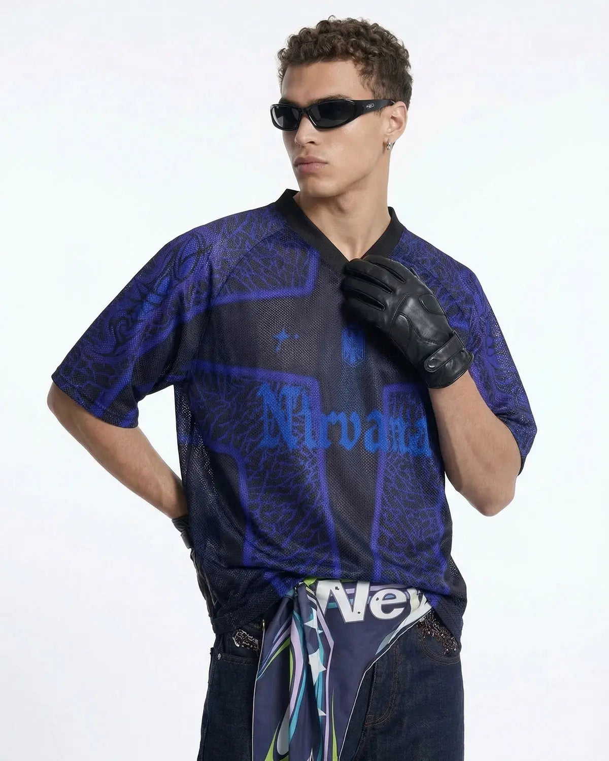 Inflation Streetwear tribal pattern mesh jersey t-shirt with bold design, lightweight fabric, and casual fit.