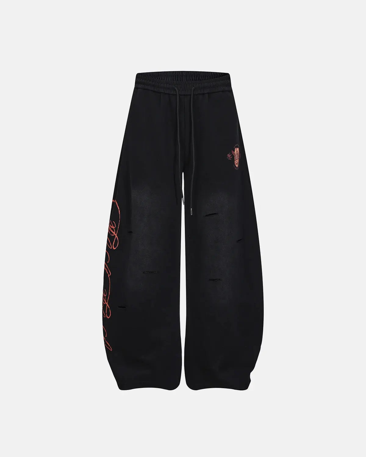Vintage Washed Barrel Sweatpants by INFLATION, showing relaxed fit with washed denim texture and adjustable drawstring waist.