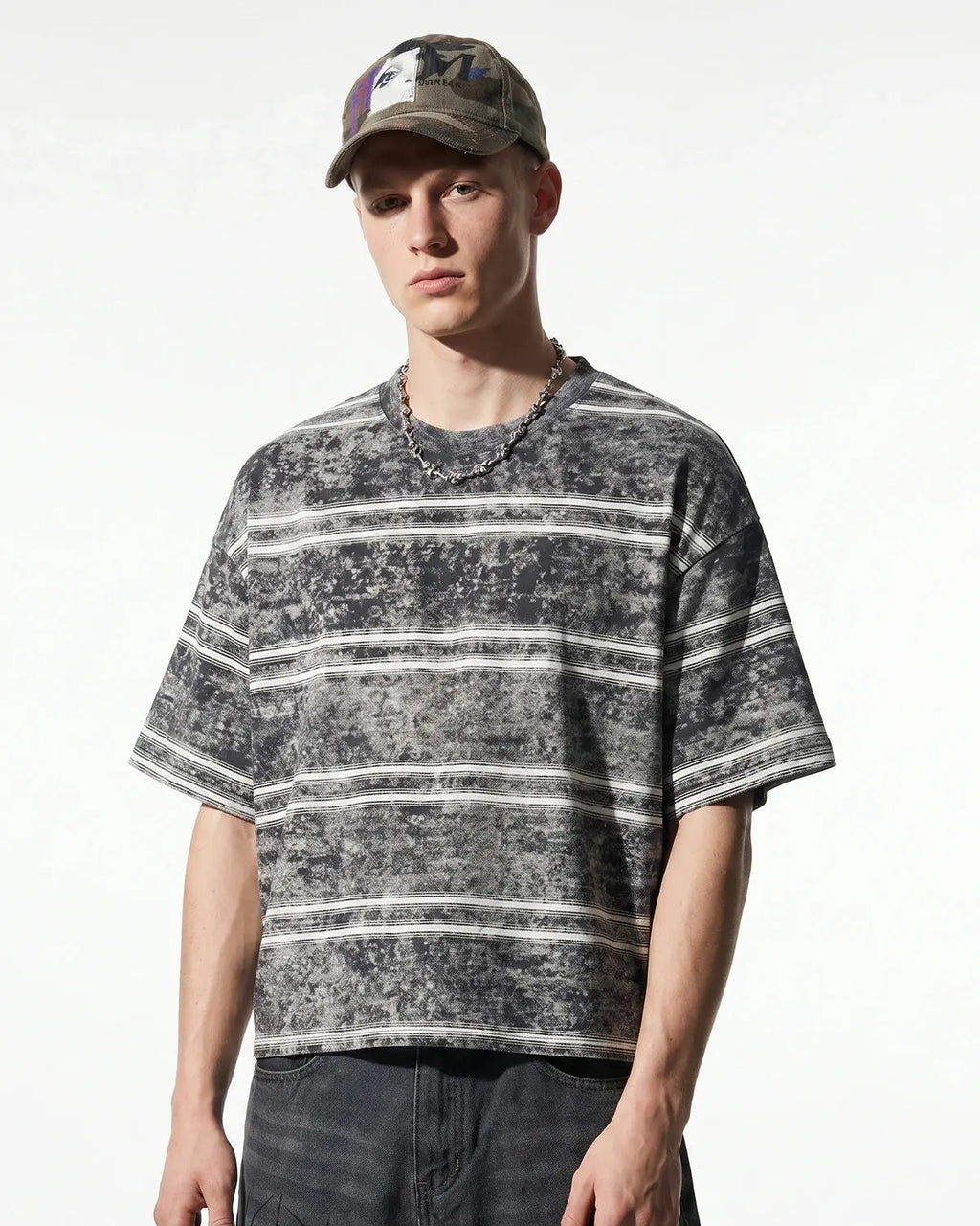Vintage Washed Striped Boxy T-Shirt by INFLATION, featuring a casual fit with washed fabric and bold striped pattern.