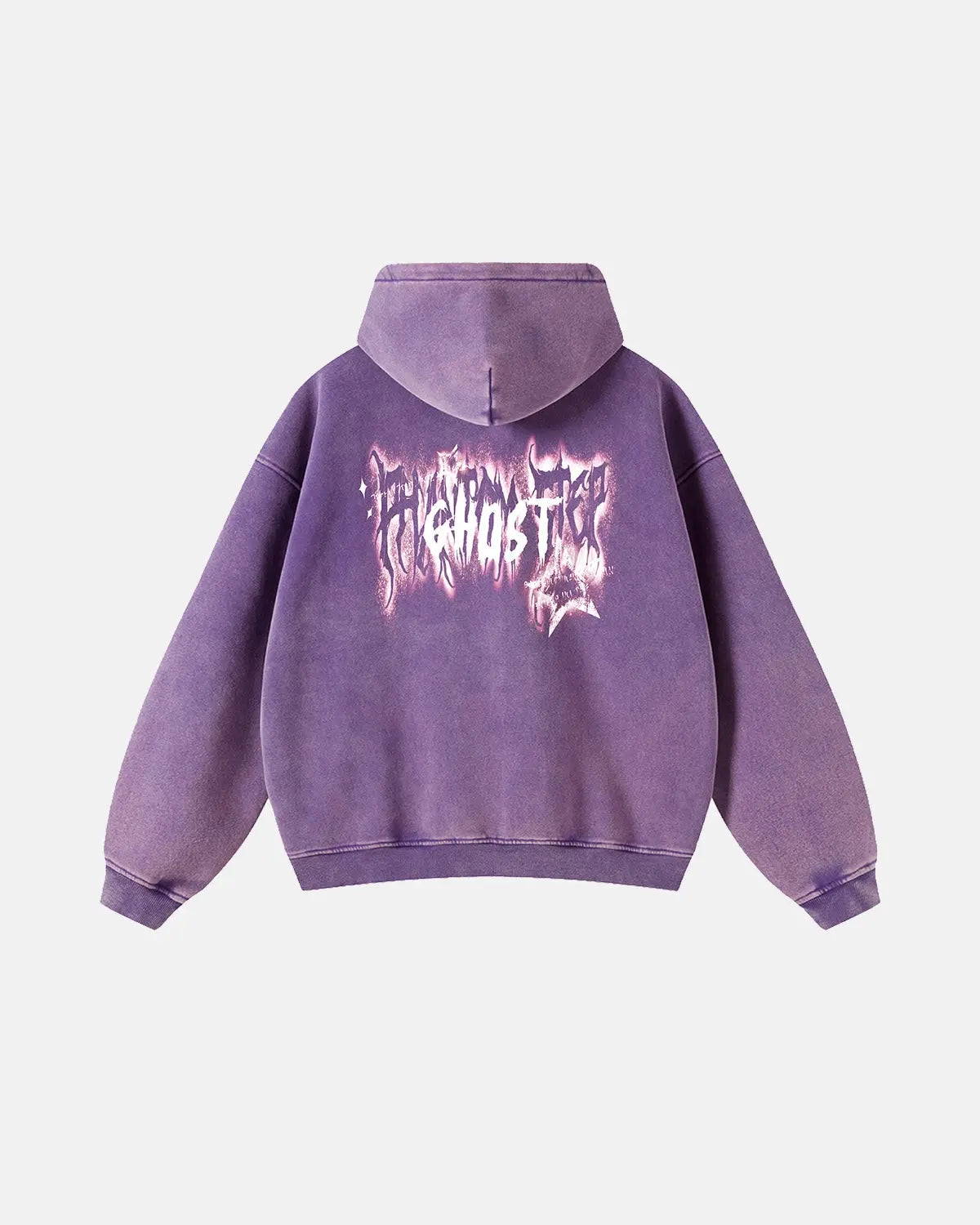 Inflation Ghost Acid Wash Zip Up Hoodie with front pockets and drawstring hood, featuring a distressed acid wash finish.