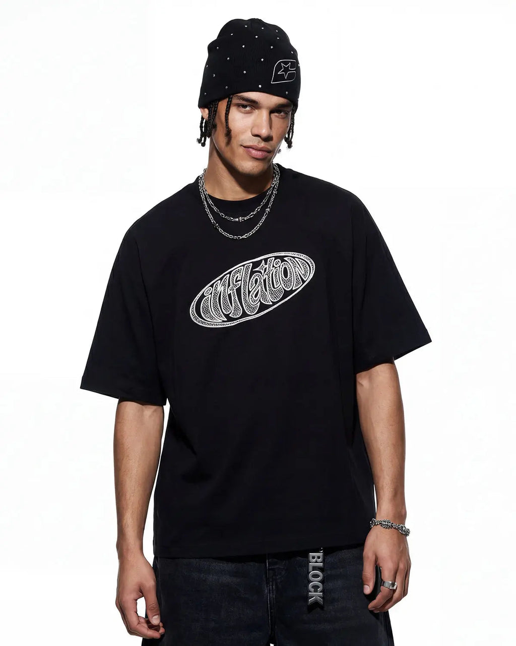 Hollow embroidered graphic T-shirt by INFLATION featuring bold print and stylish streetwear design in black and white.