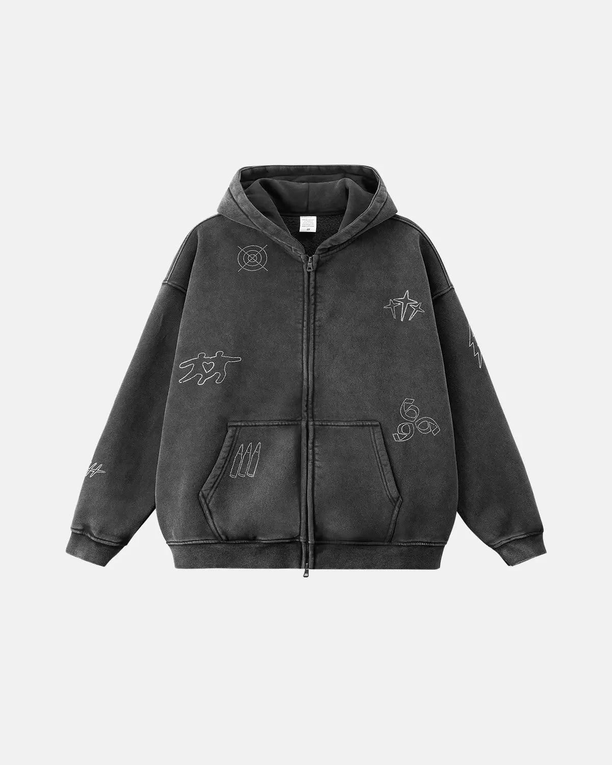 Graphic rhinestone acid wash hoodie from INFLATION Streetwear featuring bold graphic design and a casual, trendy fit.