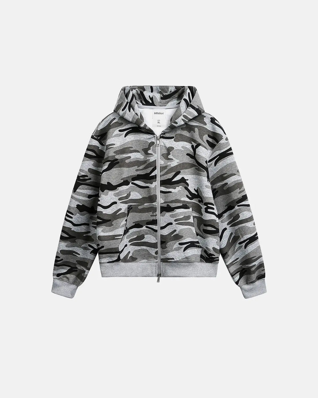 Cropped camouflage zip-up hoodie from INFLATION Streetwear with a front zipper and fitted style, featuring a green and brown camouflage pattern.