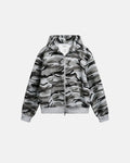 Cropped camouflage zip-up hoodie from INFLATION Streetwear with a front zipper and fitted style, featuring a green and brown camouflage pattern.