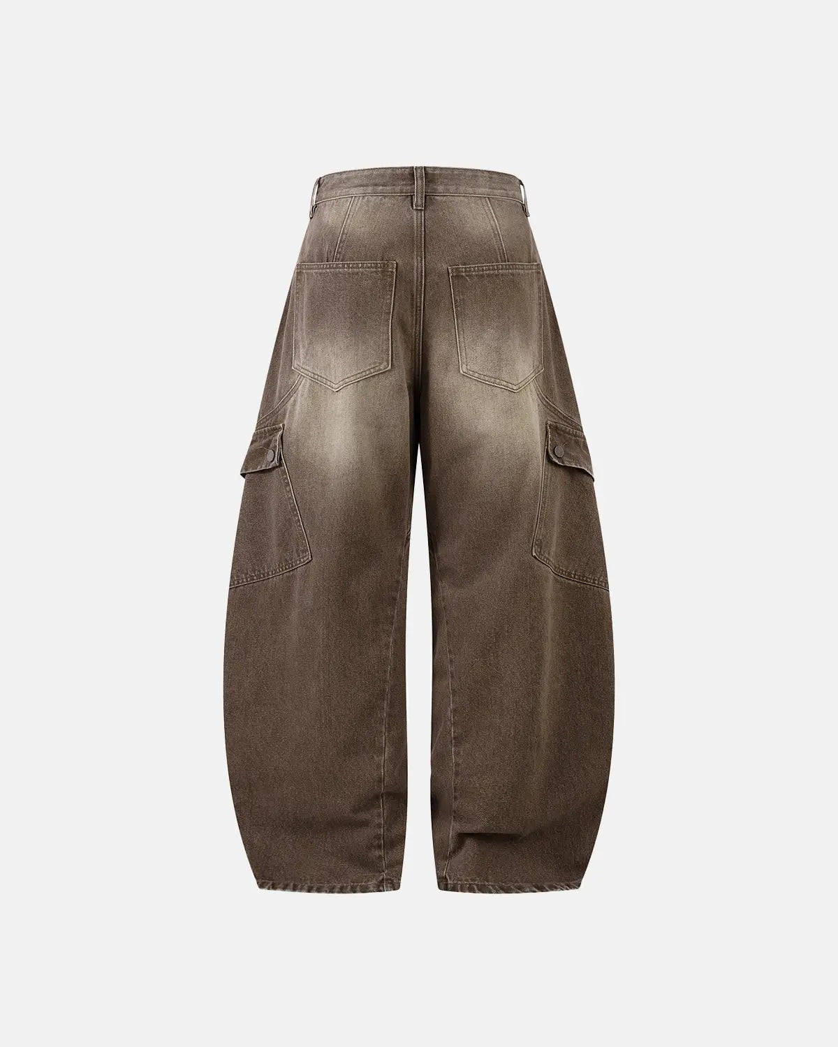 Brown acid wash barrel jeans from INFLATION Streetwear featuring a relaxed fit, high waist, and distressed acid wash denim.