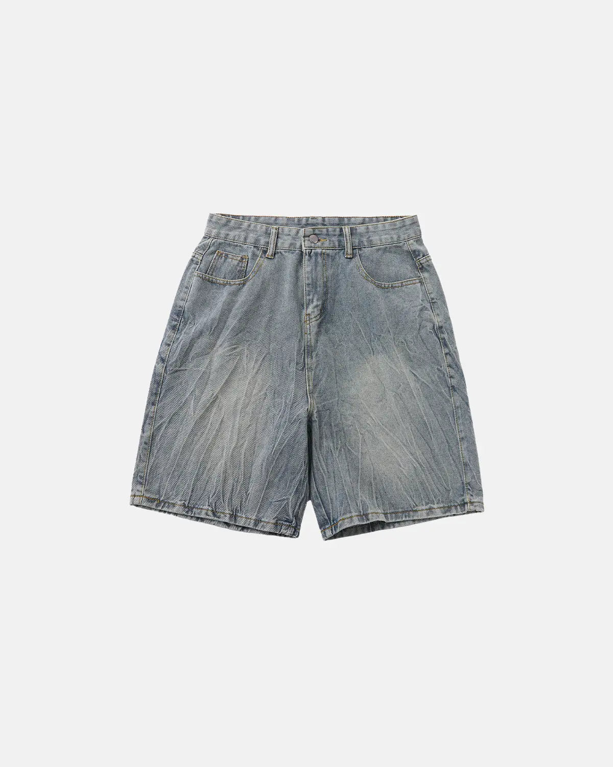 Textured washed longline jorts pants from INFLATION Streetwear, showing the faded denim fabric and relaxed fit design.
