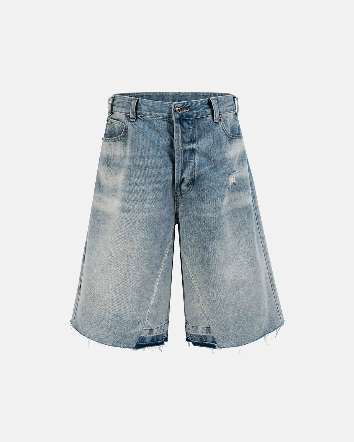 Frayed longline baggy jorts by INFLATION, stylish streetwear pants with distressed frayed edges and relaxed fit.