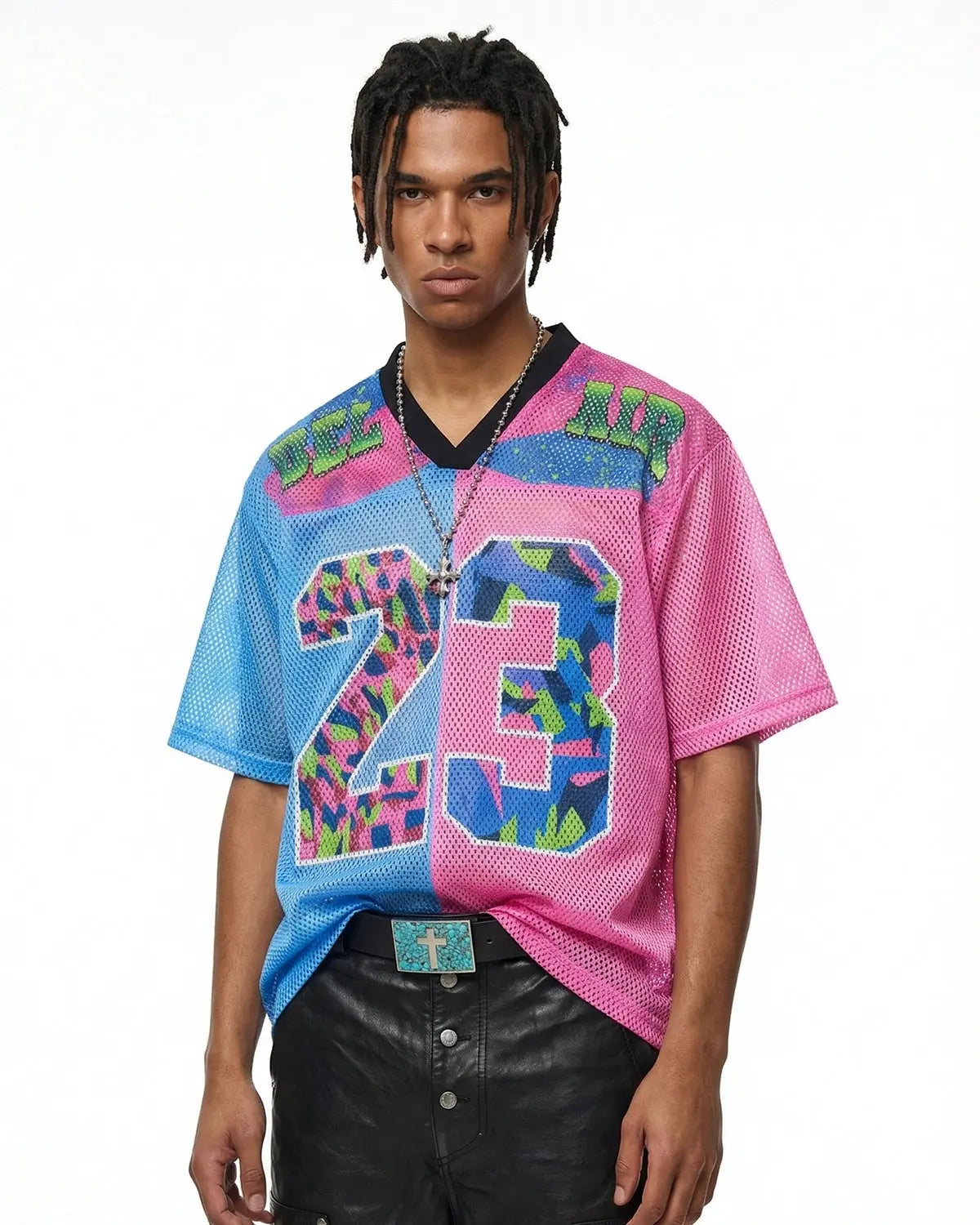 Inflation Camo Graphic Mesh Jersey Tee featuring a camouflage pattern and breathable mesh fabric, streetwear style.