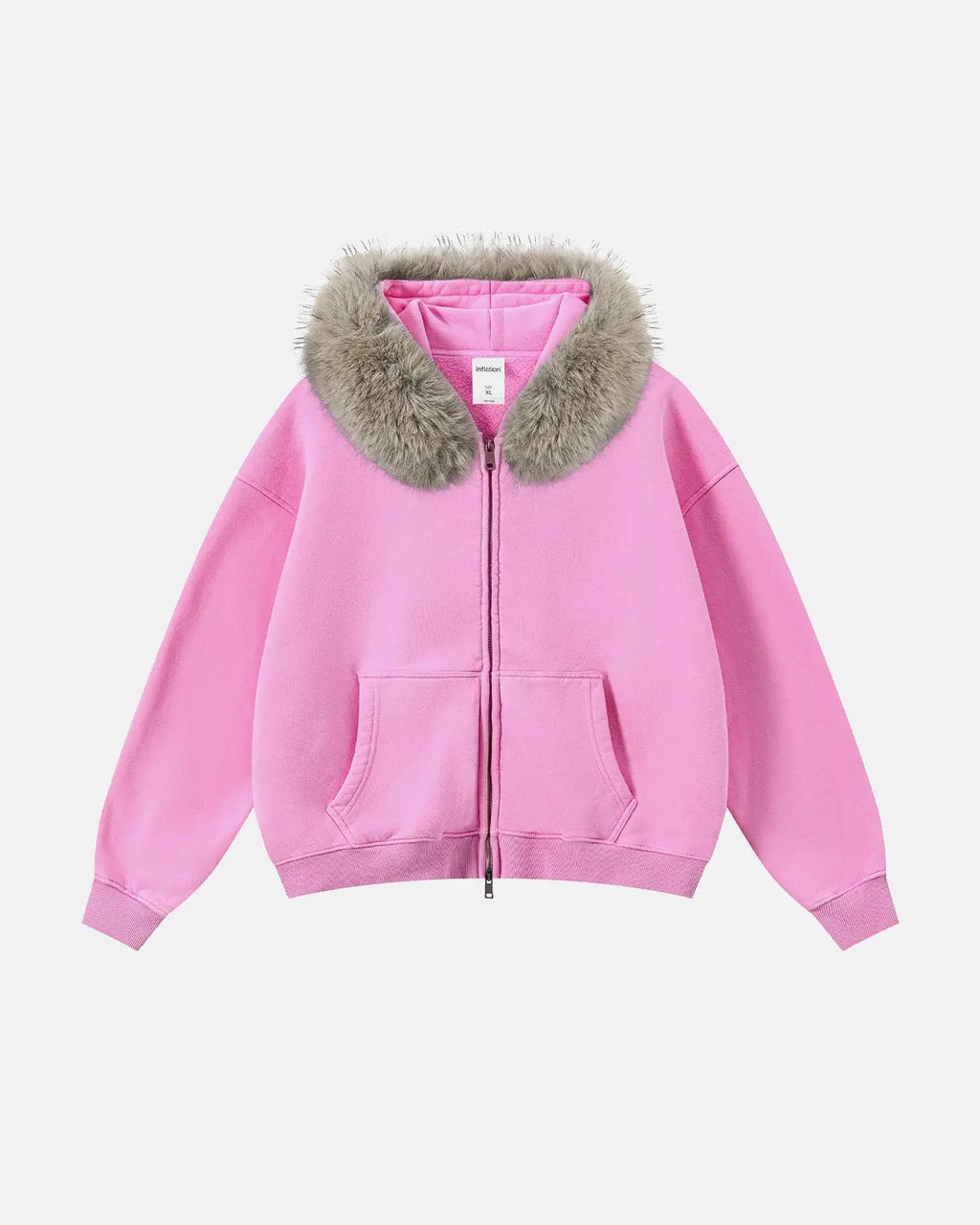Inflation streetwear faux fur collar acid wash zip-up hoodie with hood, front pockets, and stylish design.