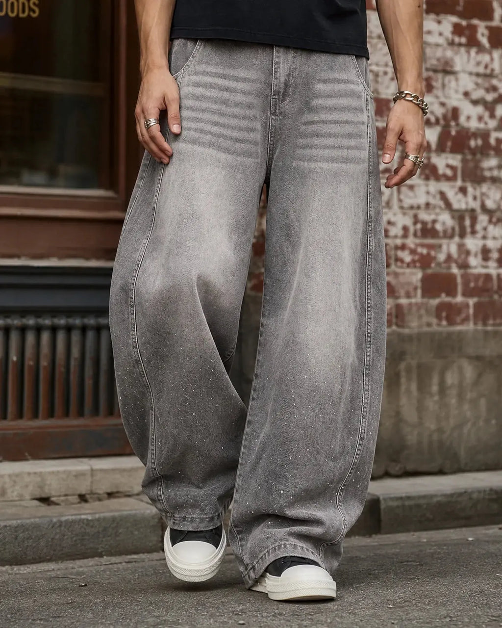 Rhinestone washed barrel jeans by INFLATION, stylish streetwear pants with rhinestone detailing and a relaxed fit.